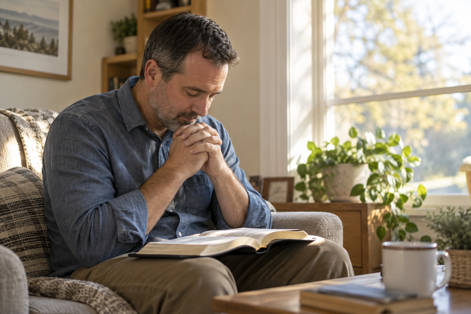 A man sitting by a sunlit window in quiet prayer with an open Bible.